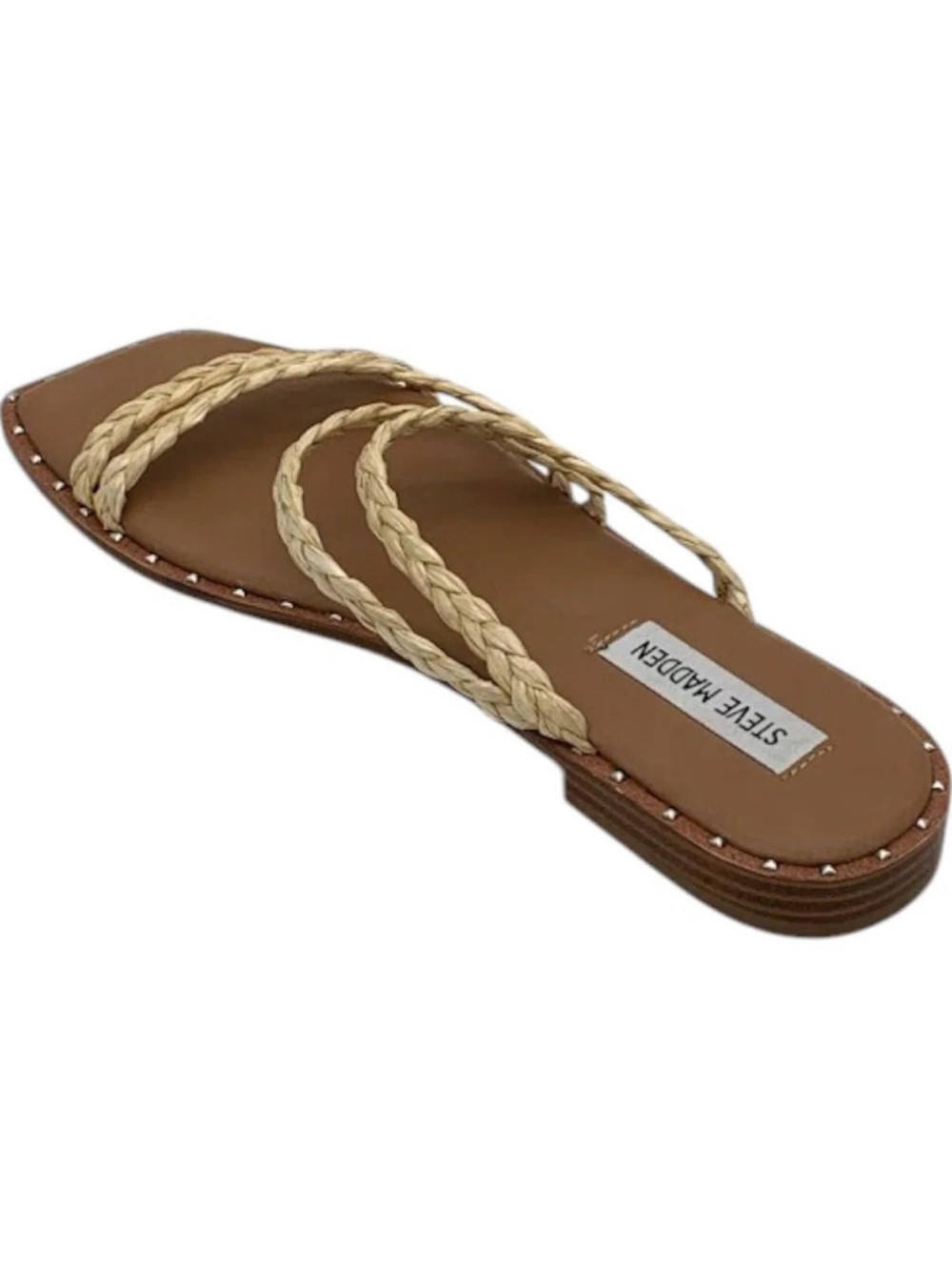 Steve Madden Raffia Straw Braided Strap Flat Sandal in Tan and Cream 8.5